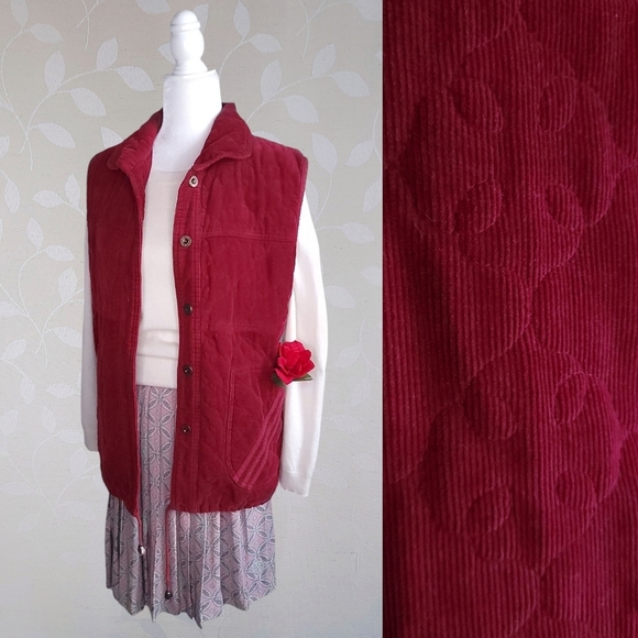 Vintage 80s Cozy Quilted Cotton Corduroy Button Front Cinch Waist Vest Red Mine - Picture 1 of 14